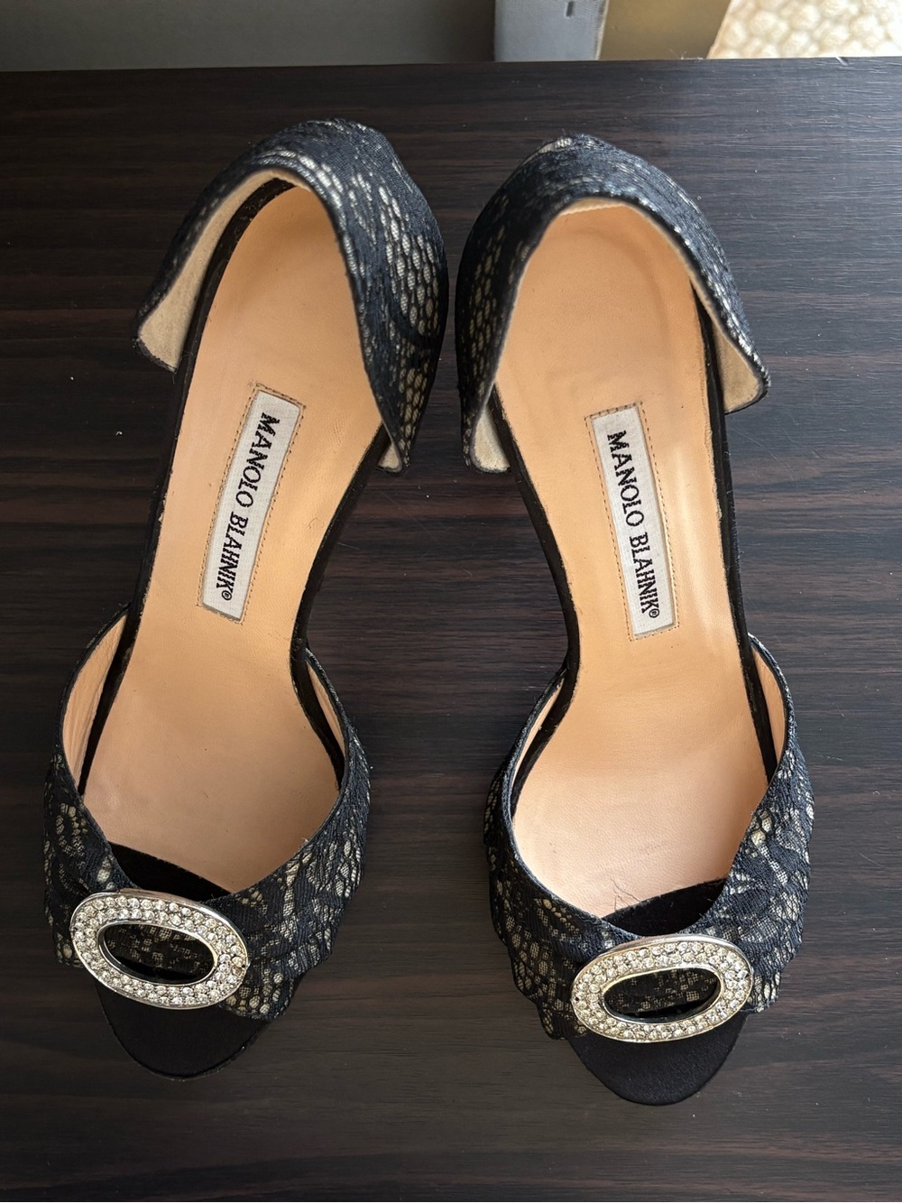 Manolo Blahnik Black Lace D'Orsay Heels with Crystal Oval Buckle